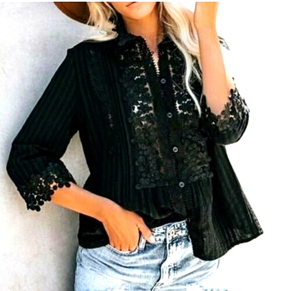 Private Label Elegant Black Lace Boho style Blouse Size Xl Boutique item